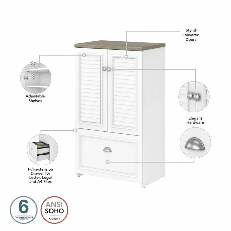 60W L-Shaped Desk & 2-Door Storage Cabinet with File Drawer – Antique White / Gray / Black