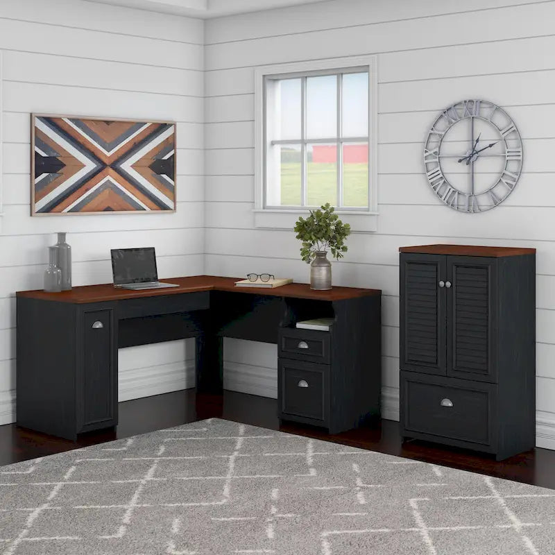 60W L-Shaped Desk & 2-Door Storage Cabinet with File Drawer – Antique White / Gray / Black