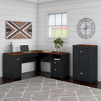 60W L-Shaped Desk & 2-Door Storage Cabinet with File Drawer – Antique White / Gray / Black