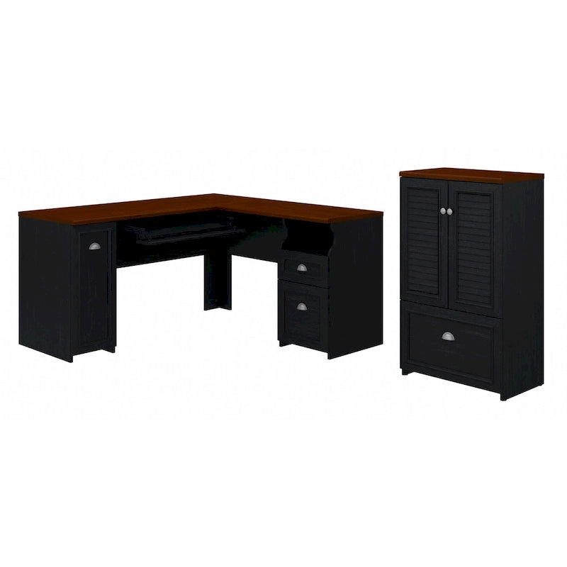 60W L-Shaped Desk & 2-Door Storage Cabinet with File Drawer – Antique White / Gray / Black
