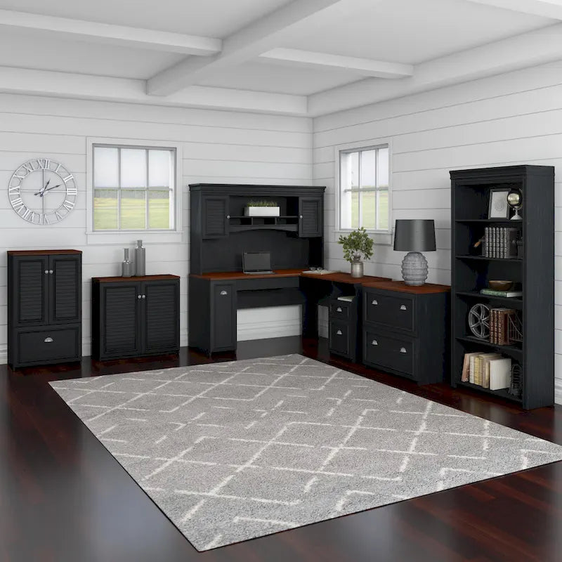 60W L-Shaped Desk & 2-Door Storage Cabinet with File Drawer – Antique White / Gray / Black