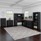 60W L-Shaped Desk & 2-Door Storage Cabinet with File Drawer – Antique White / Gray / Black