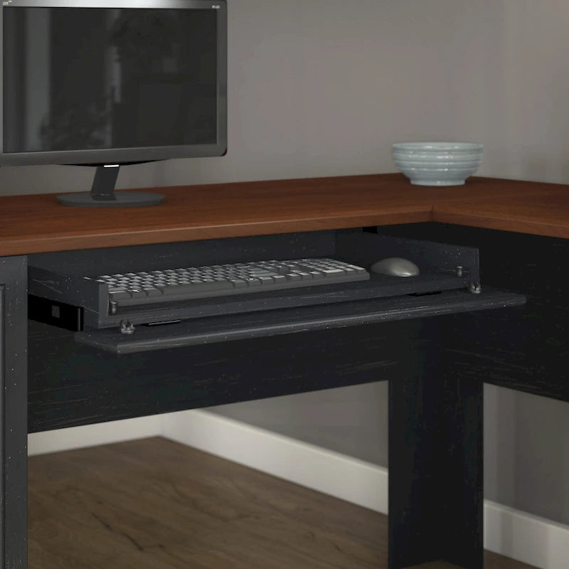 60W L-Shaped Desk & 2-Door Storage Cabinet with File Drawer – Antique White / Gray / Black