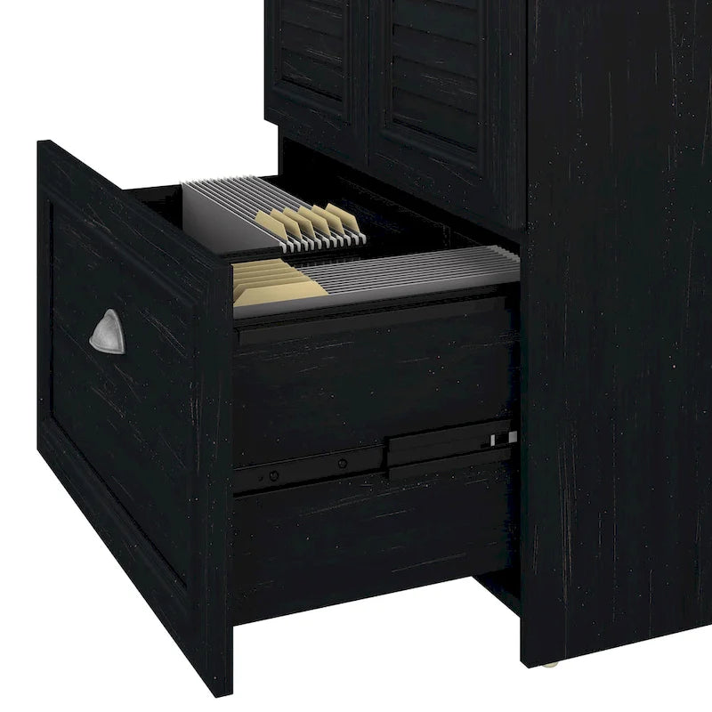 60W L-Shaped Desk & 2-Door Storage Cabinet with File Drawer – Antique White / Gray / Black