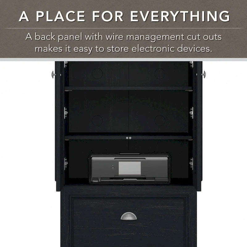 60W L-Shaped Desk & 2-Door Storage Cabinet with File Drawer – Antique White / Gray / Black