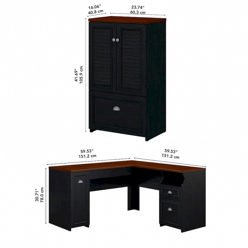 60W L-Shaped Desk & 2-Door Storage Cabinet with File Drawer – Antique White / Gray / Black