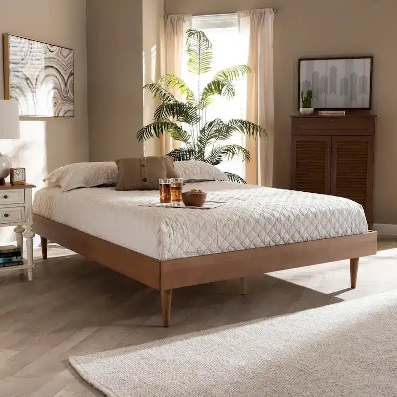 Ash Walnut Mid-Century Modern Wood Bed Frame with Tapered Legs – Full / Queen / King – 2 Person
