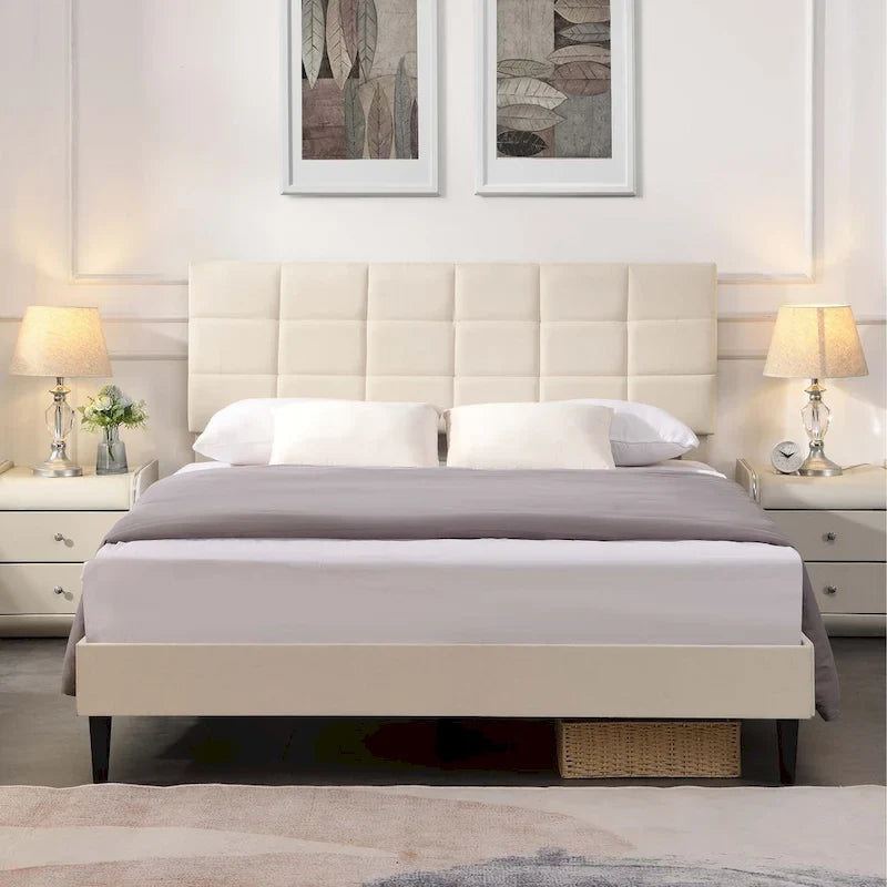 Beige / Grey Fabric Upholstered Platform Bed with Square Tufted Headboard – Full / Queen / King