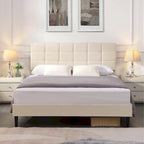 Beige / Grey Fabric Upholstered Platform Bed with Square Tufted Headboard – Full / Queen / King