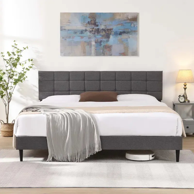 Beige / Grey Fabric Upholstered Platform Bed with Square Tufted Headboard – Full / Queen / King