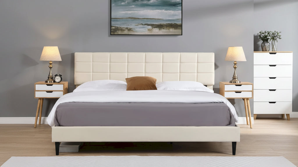Beige / Grey Fabric Upholstered Platform Bed with Square Tufted Headboard – Full / Queen / King