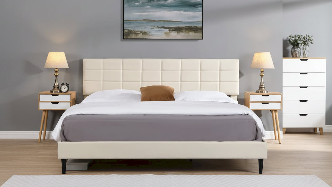 Beige / Grey Fabric Upholstered Platform Bed with Square Tufted Headboard – Full / Queen / King