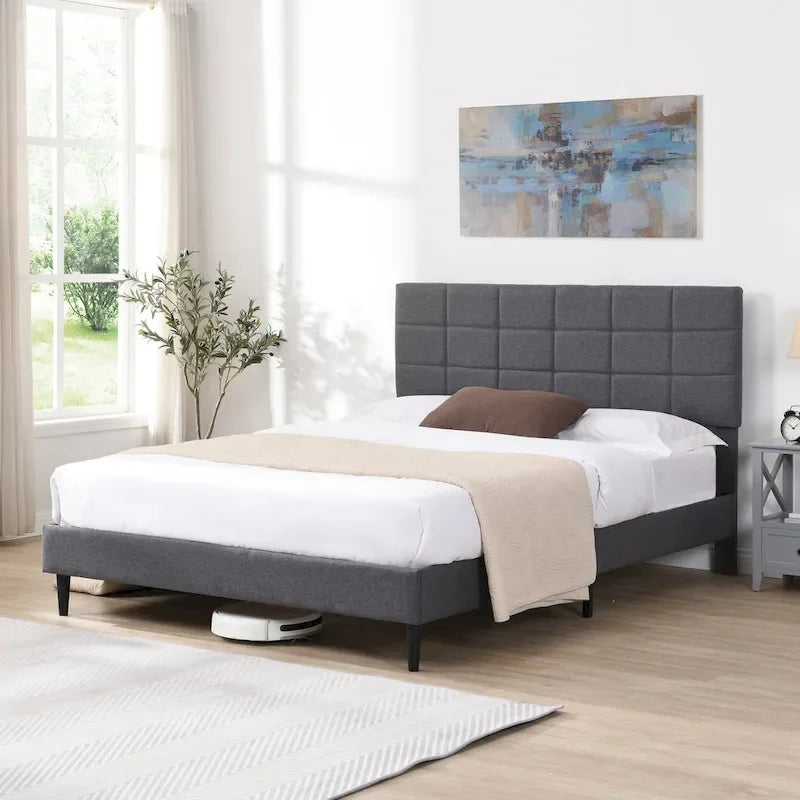 Beige / Grey Fabric Upholstered Platform Bed with Square Tufted Headboard – Full / Queen / King