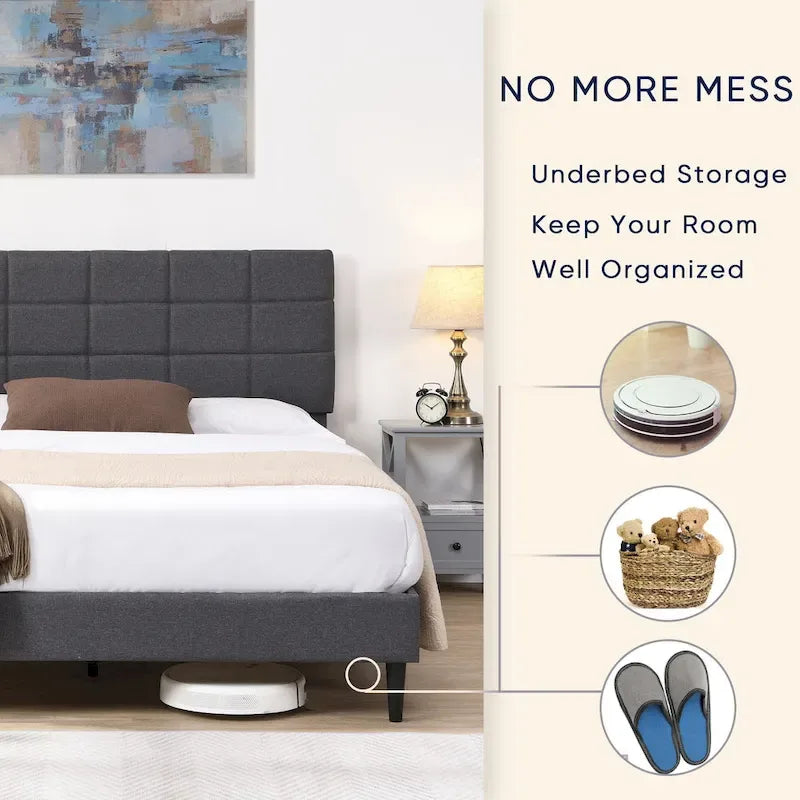Beige / Grey Fabric Upholstered Platform Bed with Square Tufted Headboard – Full / Queen / King