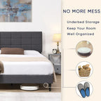 Beige / Grey Fabric Upholstered Platform Bed with Square Tufted Headboard – Full / Queen / King