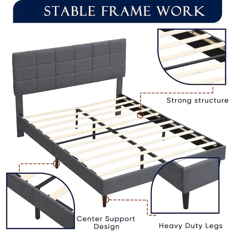 Beige / Grey Fabric Upholstered Platform Bed with Square Tufted Headboard – Full / Queen / King