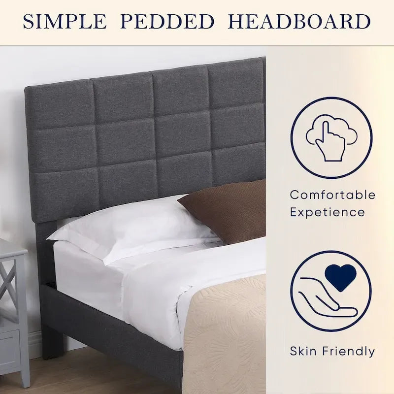 Beige / Grey Fabric Upholstered Platform Bed with Square Tufted Headboard – Full / Queen / King