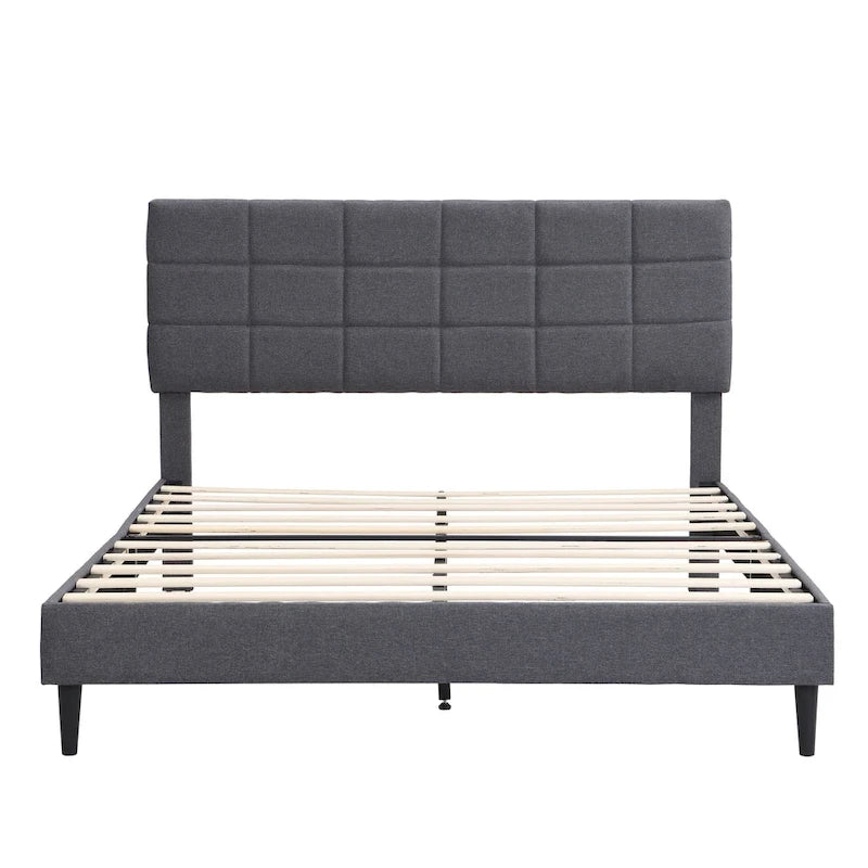 Beige / Grey Fabric Upholstered Platform Bed with Square Tufted Headboard – Full / Queen / King