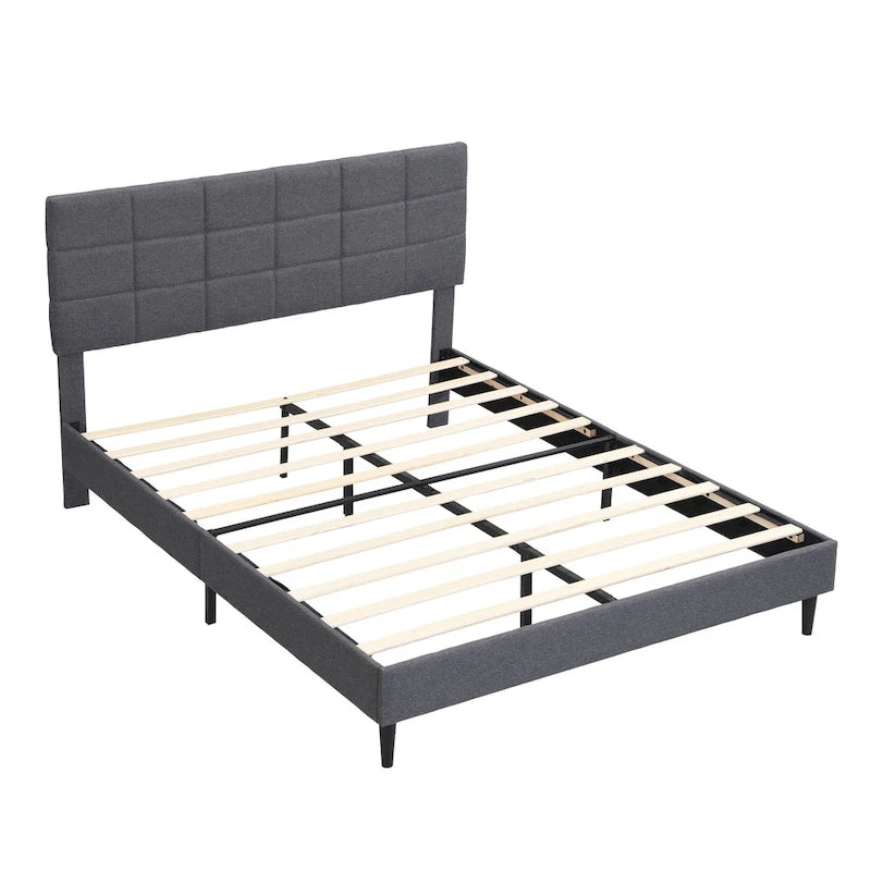 Beige / Grey Fabric Upholstered Platform Bed with Square Tufted Headboard – Full / Queen / King