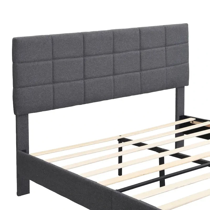 Beige / Grey Fabric Upholstered Platform Bed with Square Tufted Headboard – Full / Queen / King