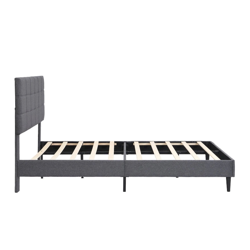 Beige / Grey Fabric Upholstered Platform Bed with Square Tufted Headboard – Full / Queen / King