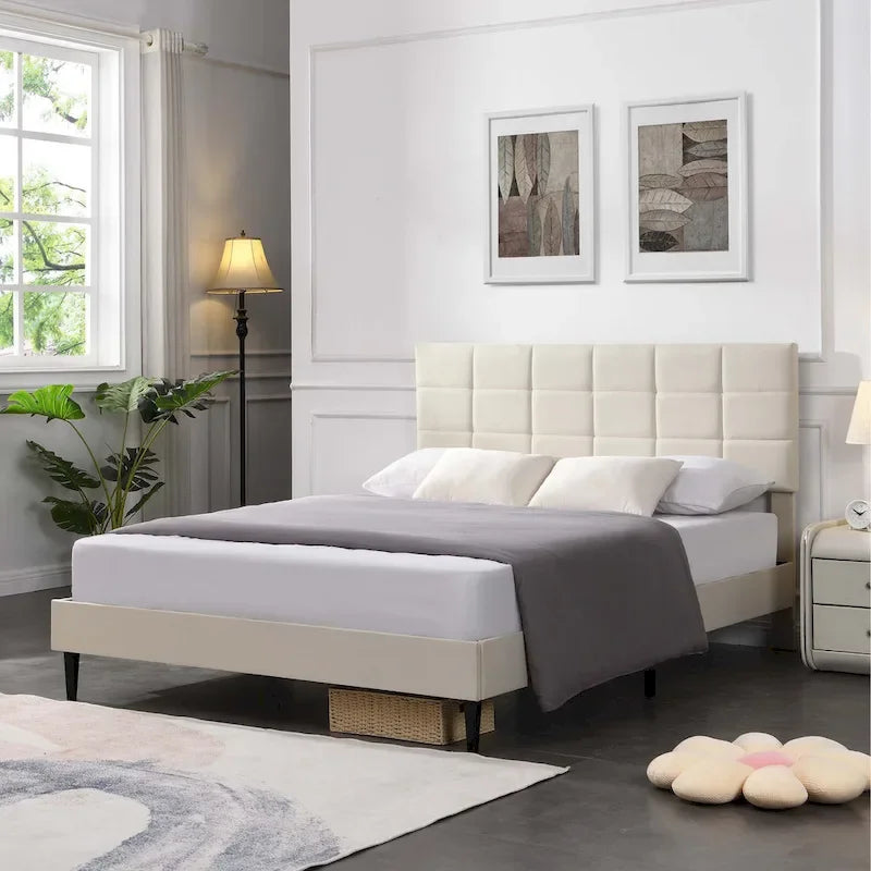 Beige / Grey Fabric Upholstered Platform Bed with Square Tufted Headboard – Full / Queen / King