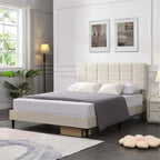 Beige / Grey Fabric Upholstered Platform Bed with Square Tufted Headboard – Full / Queen / King