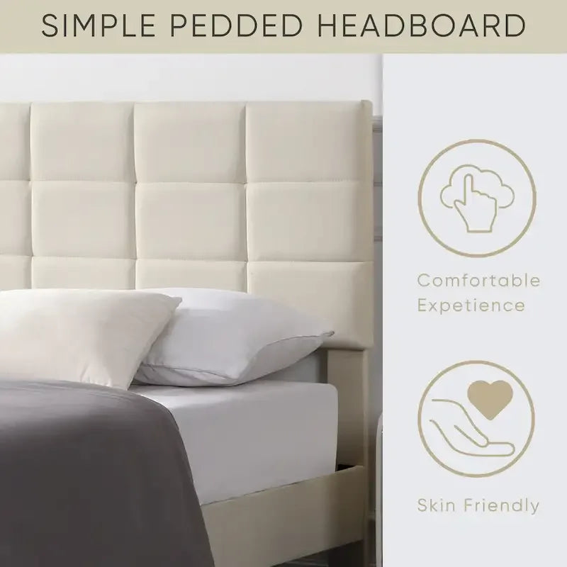 Beige / Grey Fabric Upholstered Platform Bed with Square Tufted Headboard – Full / Queen / King