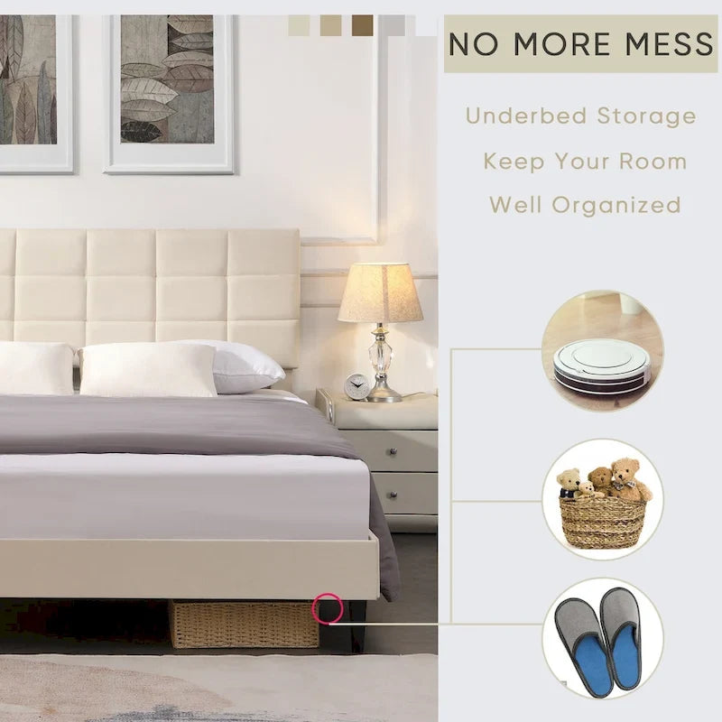 Beige / Grey Fabric Upholstered Platform Bed with Square Tufted Headboard – Full / Queen / King