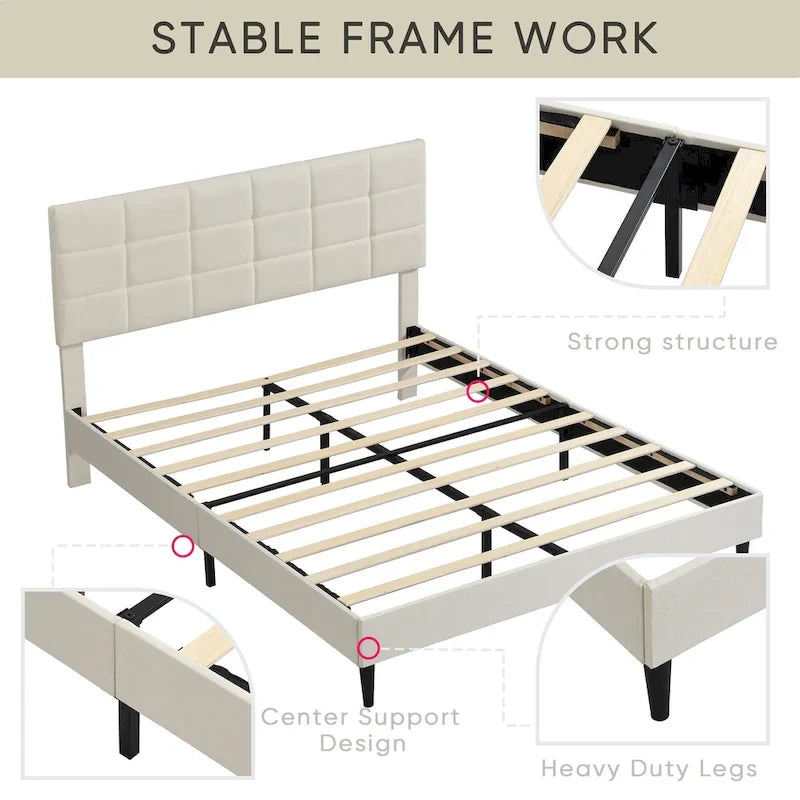 Beige / Grey Fabric Upholstered Platform Bed with Square Tufted Headboard – Full / Queen / King