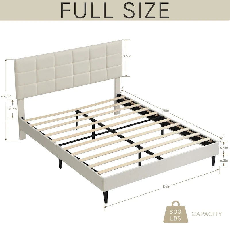Beige / Grey Fabric Upholstered Platform Bed with Square Tufted Headboard – Full / Queen / King