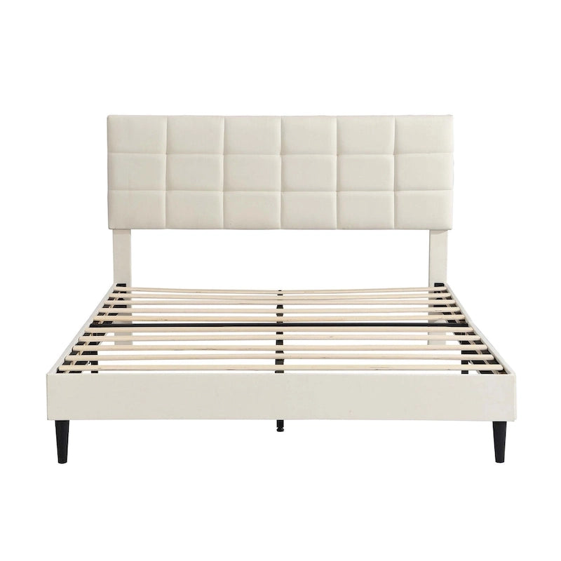 Beige / Grey Fabric Upholstered Platform Bed with Square Tufted Headboard – Full / Queen / King