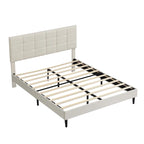 Beige / Grey Fabric Upholstered Platform Bed with Square Tufted Headboard – Full / Queen / King