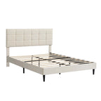 Beige / Grey Fabric Upholstered Platform Bed with Square Tufted Headboard – Full / Queen / King