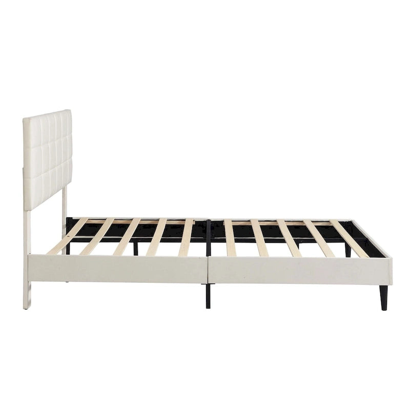 Beige / Grey Fabric Upholstered Platform Bed with Square Tufted Headboard – Full / Queen / King