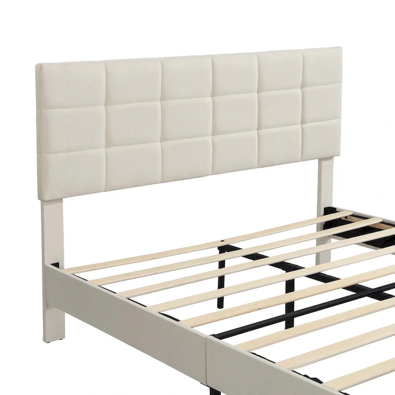 Beige / Grey Fabric Upholstered Platform Bed with Square Tufted Headboard – Full / Queen / King