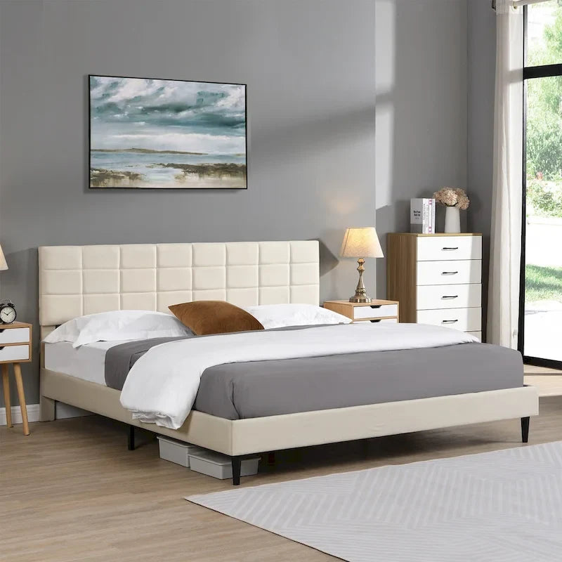 Beige / Grey Fabric Upholstered Platform Bed with Square Tufted Headboard – Full / Queen / King