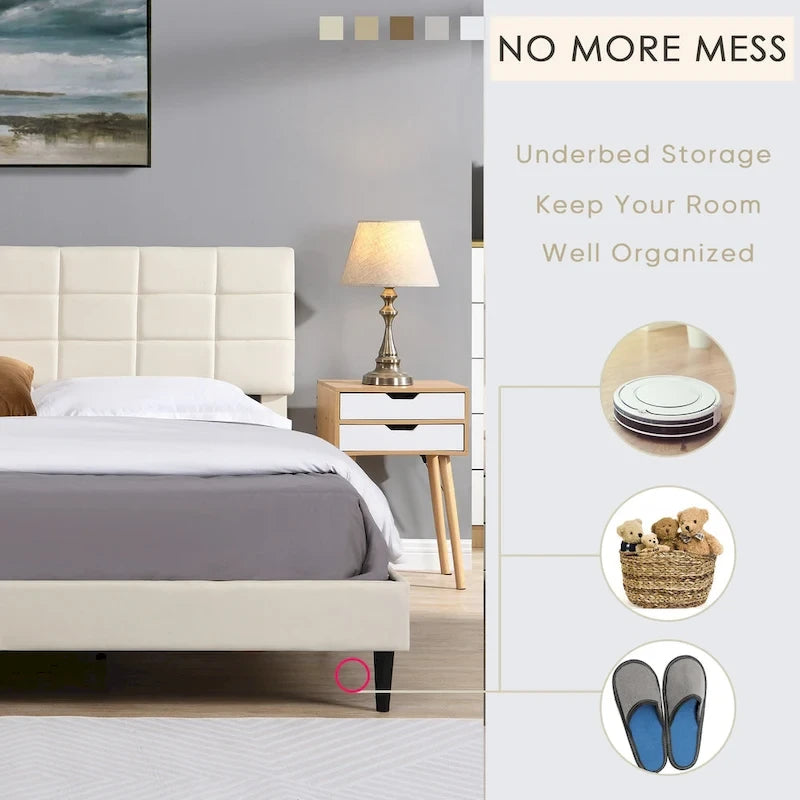 Beige / Grey Fabric Upholstered Platform Bed with Square Tufted Headboard – Full / Queen / King