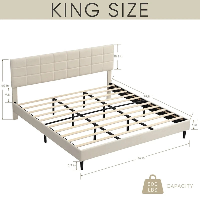 Beige / Grey Fabric Upholstered Platform Bed with Square Tufted Headboard – Full / Queen / King