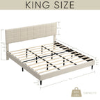 Beige / Grey Fabric Upholstered Platform Bed with Square Tufted Headboard – Full / Queen / King