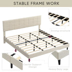 Beige / Grey Fabric Upholstered Platform Bed with Square Tufted Headboard – Full / Queen / King
