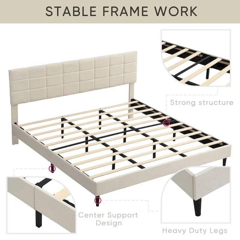 Beige / Grey Fabric Upholstered Platform Bed with Square Tufted Headboard – Full / Queen / King