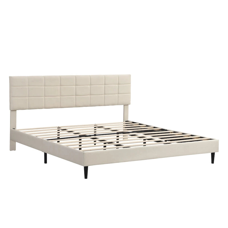 Beige / Grey Fabric Upholstered Platform Bed with Square Tufted Headboard – Full / Queen / King