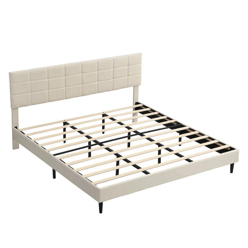 Beige / Grey Fabric Upholstered Platform Bed with Square Tufted Headboard – Full / Queen / King