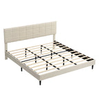 Beige / Grey Fabric Upholstered Platform Bed with Square Tufted Headboard – Full / Queen / King