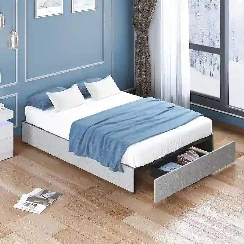 Linen Upholstered Platform Bed with Storage Drawers – Beige / Light Grey / Dark Grey – Full / Queen / King