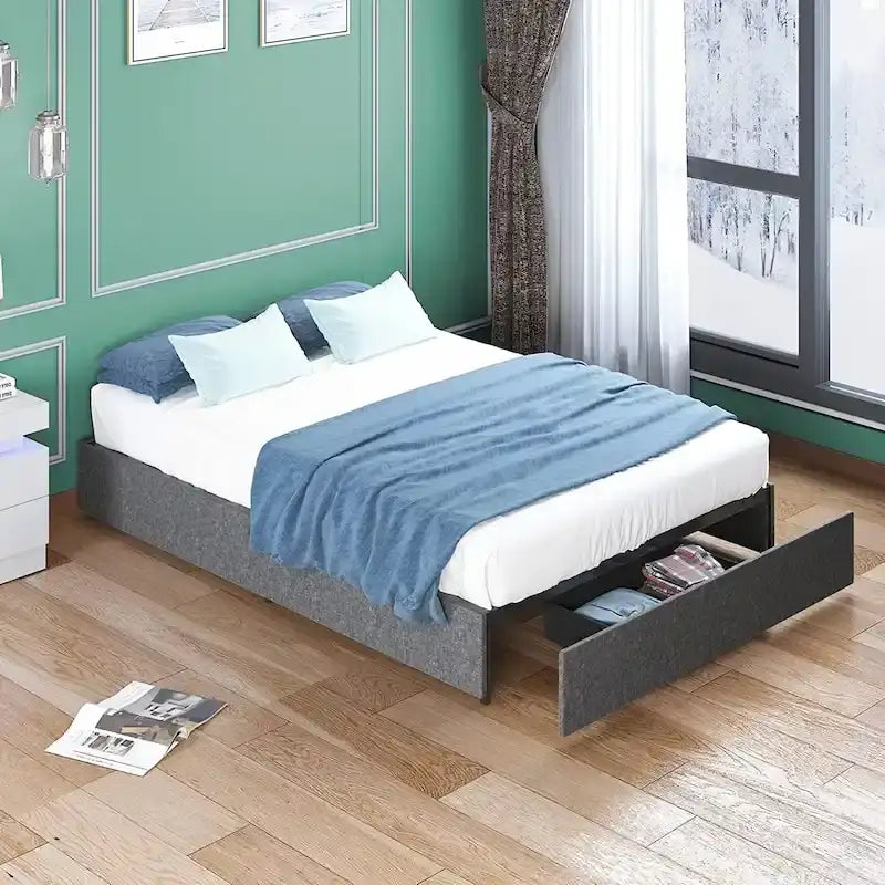 Linen Upholstered Platform Bed with Storage Drawers – Beige / Light Grey / Dark Grey – Full / Queen / King