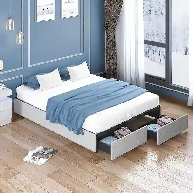 Linen Upholstered Platform Bed with Storage Drawers – Beige / Light Grey / Dark Grey – Full / Queen / King