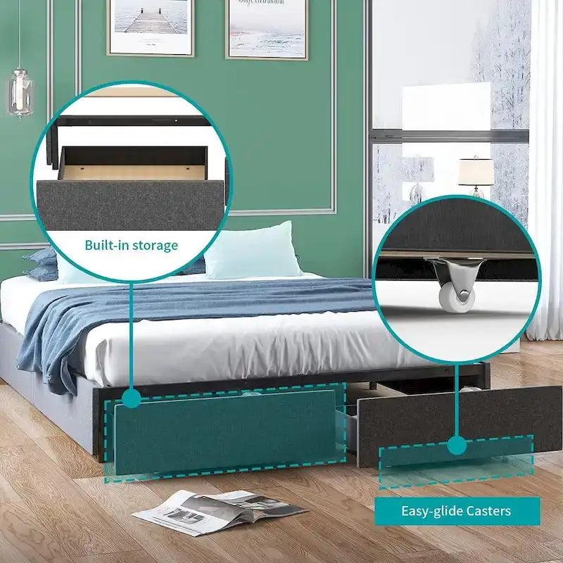 Linen Upholstered Platform Bed with Storage Drawers – Beige / Light Grey / Dark Grey – Full / Queen / King