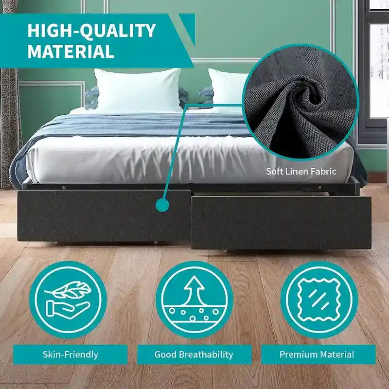 Linen Upholstered Platform Bed with Storage Drawers – Beige / Light Grey / Dark Grey – Full / Queen / King